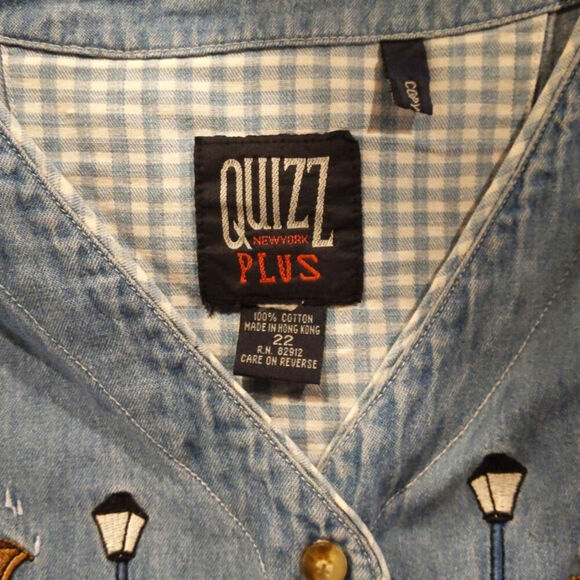 Vtg Quizz NY Demin Embroidered Short Sleeve Button Down Cottage Bears London 22 - Picture 4 of 5